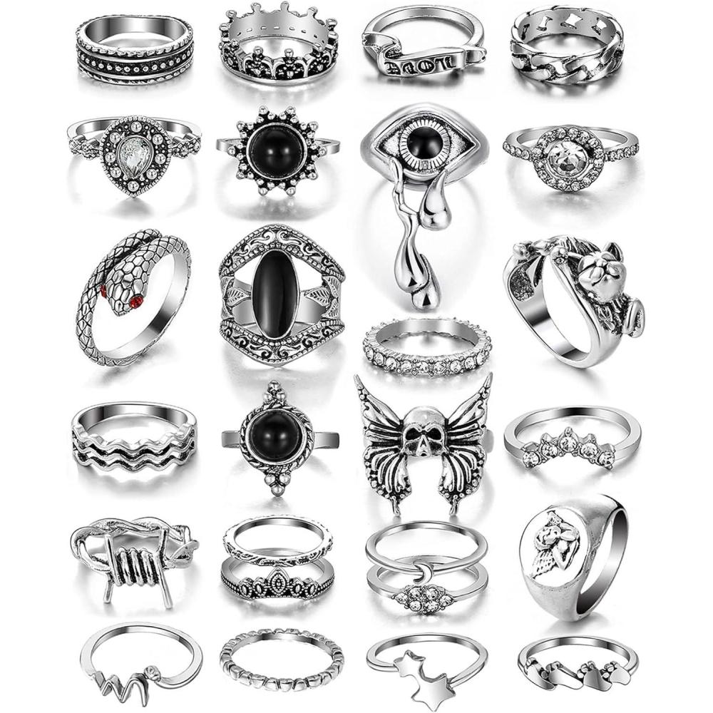 image17IF 2635 Pcs Vintage Silver Knuckle Rings Set for Women Men Grunge Gothic Rings Chunky Aesthetic Snake Stackable Adjustable Punk Bulky Finger Alt Fairy Skull Frog Heart Star Flower Midi Ring Pack26 Crying