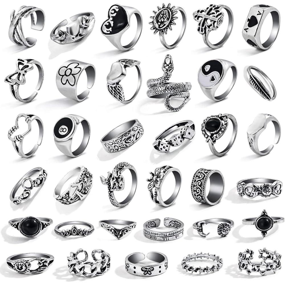 image17IF 2635 Pcs Vintage Silver Knuckle Rings Set for Women Men Grunge Gothic Rings Chunky Aesthetic Snake Stackable Adjustable Punk Bulky Finger Alt Fairy Skull Frog Heart Star Flower Midi Ring PackBohemian Vintage Antique