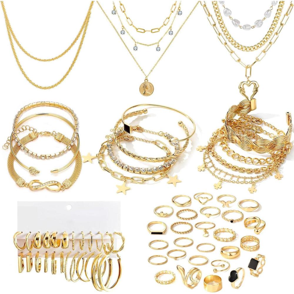 image17IF 3859 Pcs98 Pack Gold Plated Jewelry Set for Women With 8 Necklace 12 Bracelet 27 Ring 12 Pair Earring Hoop Simple Sparkle for Happy59P BlackHeart
