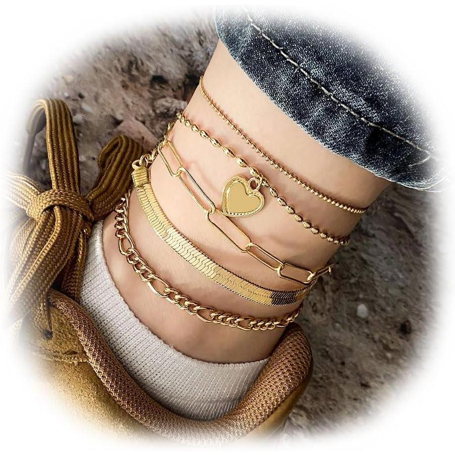 image17IF 5 PCS Gold Ankle Bracelets For Women Bead Heart Layering Snake Ankle Bracelets Minimalist Summer Beach Foot Chain Cuban Cool Punk Ankle Jewelry