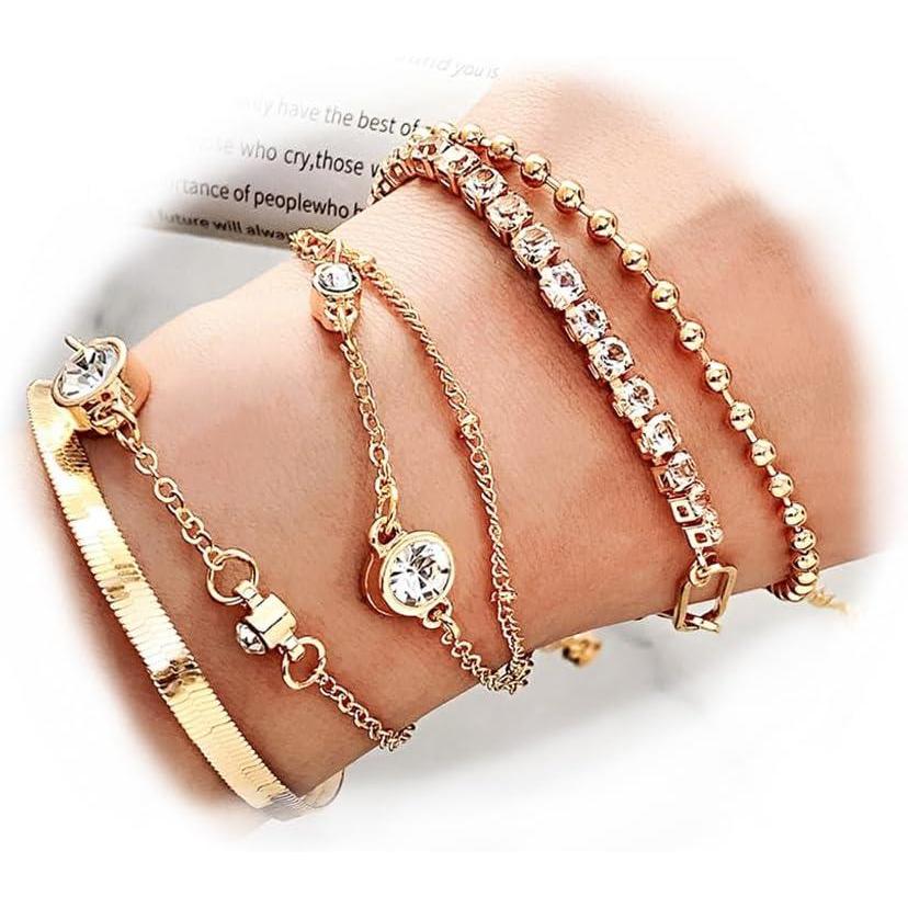 image17IF 5 Pcs Gold Chain Ankle Bracelets Long For Women 14k Gold Plated Cubic Zirconia Tennis Bracelet Trendy Half Diamond Link Stackable Adjustable Bracelet708Bracelet