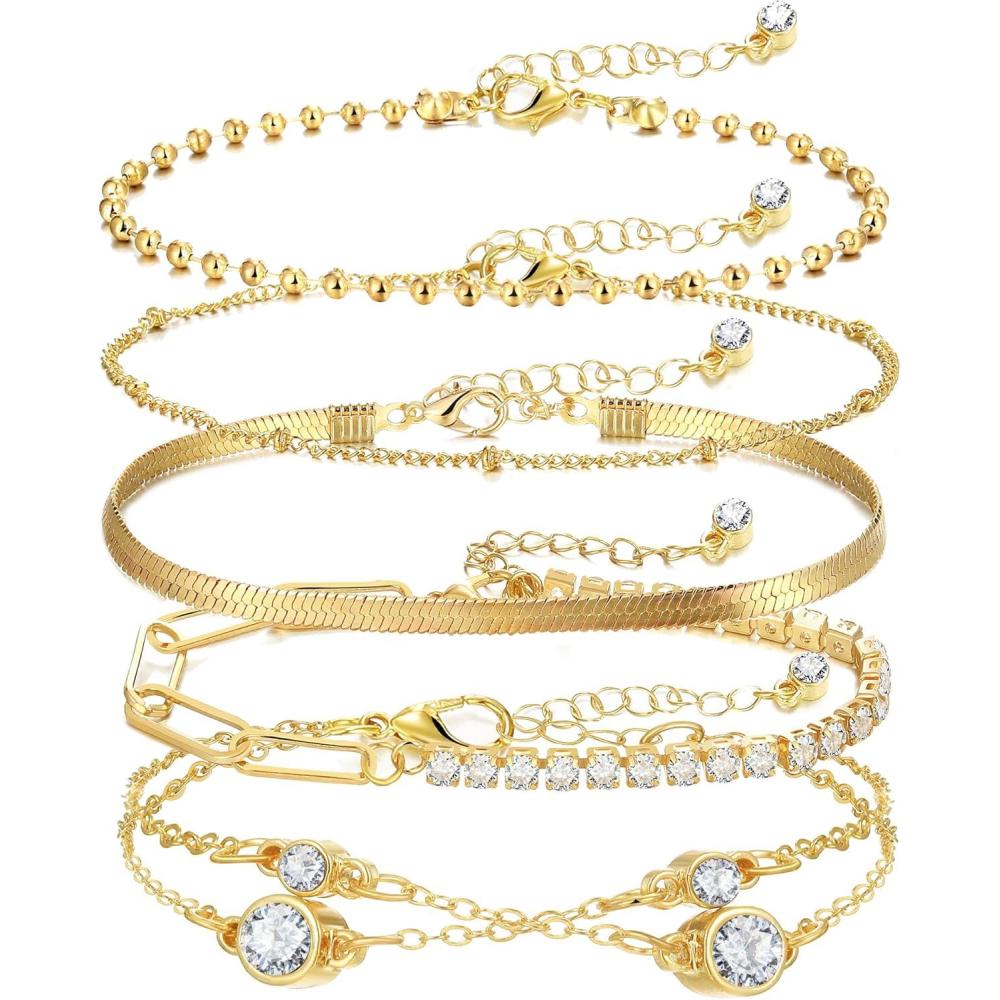 image17IF 5 Pcs Gold Chain Ankle Bracelets Long For Women 14k Gold Plated Cubic Zirconia Tennis Bracelet Trendy Half Diamond Link Stackable Adjustable Bracelet748Ankle