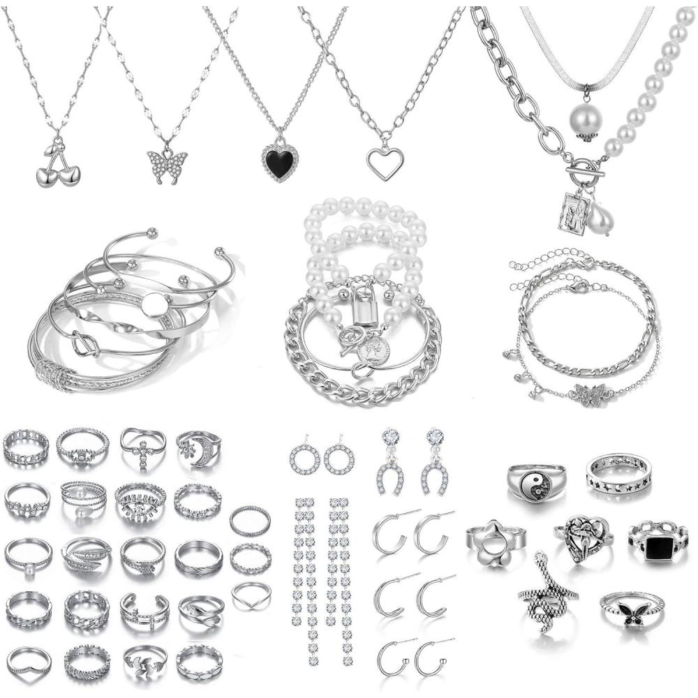 image17IF 53 PCS8 PACK Silver Plated Jewelry Set with 6 Necklace 11 Ankle Bracelet 30 Kunckle Ring 6 Pair Earring hoop Vintage Boho Pearl for Women Birthday Travel HolidayVintage