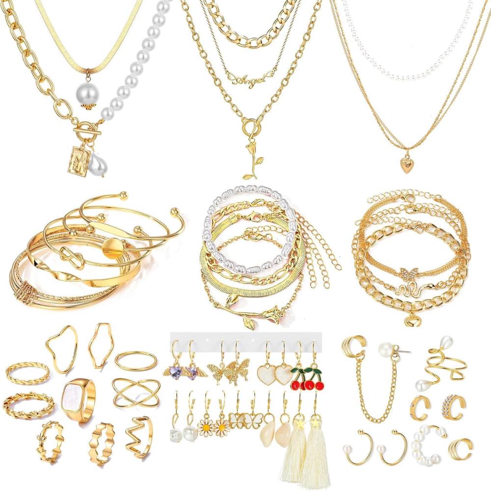 image17IF 53 PCS8 PACK Silver Plated Jewelry Set with 6 Necklace 11 Ankle Bracelet 30 Kunckle Ring 6 Pair Earring hoop Vintage Boho Pearl for Women Birthday Travel HolidayClassic