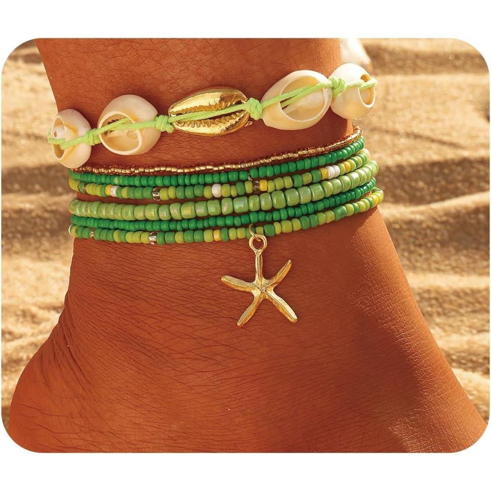 image17IF 7 Pcs Colorful Shell Bracelet Anklet Set for Women Boho Bead Strech Adjustable Beach Seaside Starfish Conch Chain Summer Travel Jewelry GiftGREEN