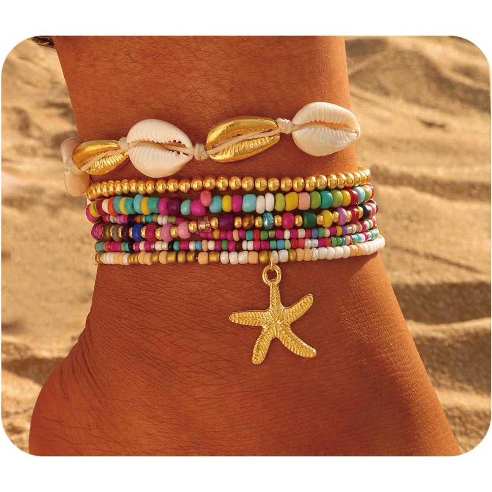 image17IF 7 Pcs Colorful Shell Bracelet Anklet Set for Women Boho Bead Strech Adjustable Beach Seaside Starfish Conch Chain Summer Travel Jewelry GiftPINK