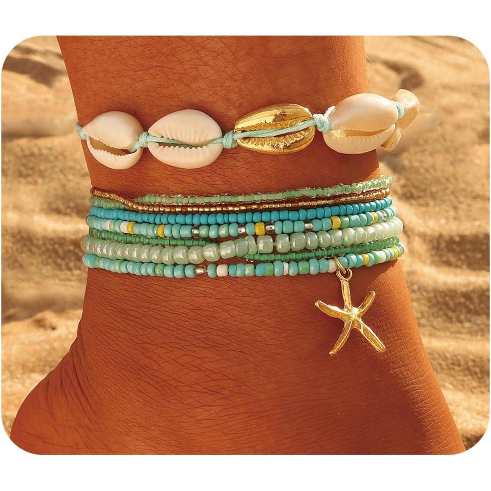 image17IF 7 Pcs Colorful Shell Bracelet Anklet Set for Women Boho Bead Strech Adjustable Beach Seaside Starfish Conch Chain Summer Travel Jewelry GiftSKY