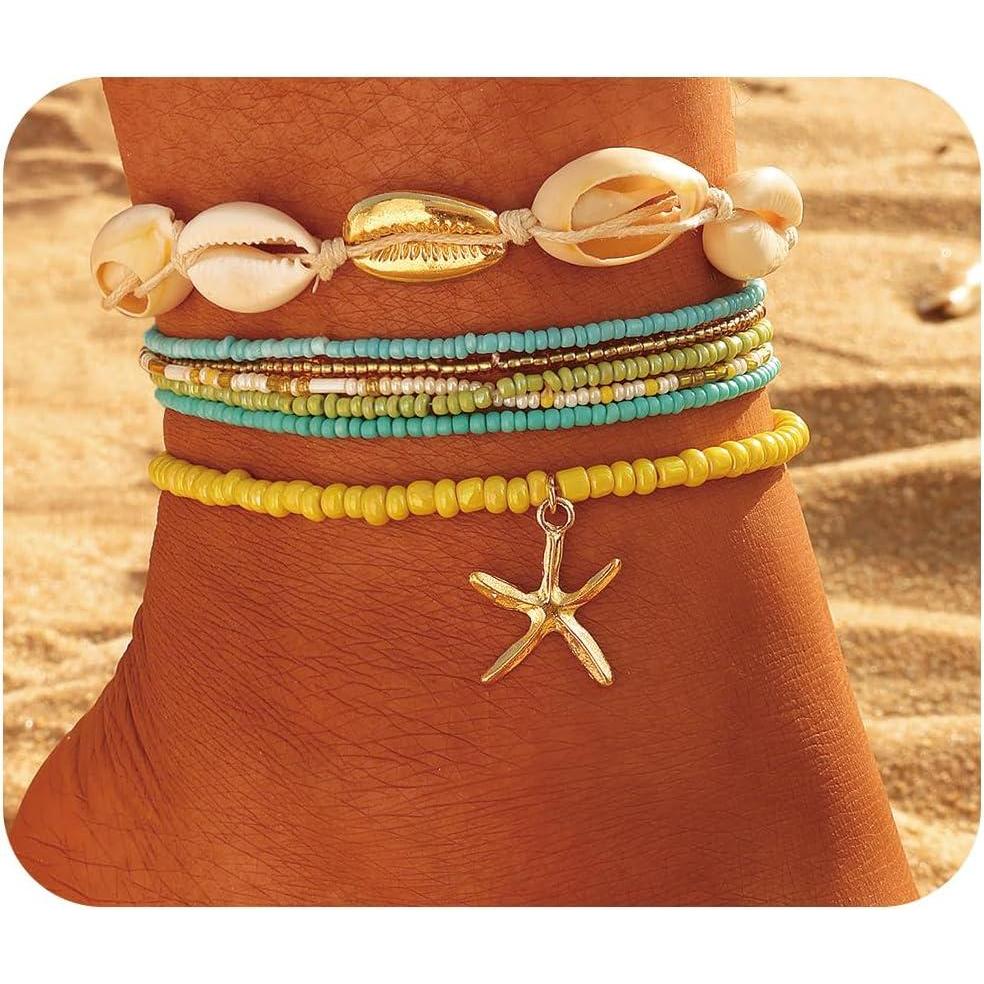 image17IF 7 Pcs Colorful Shell Bracelet Anklet Set for Women Boho Bead Strech Adjustable Beach Seaside Starfish Conch Chain Summer Travel Jewelry GiftYELLOW