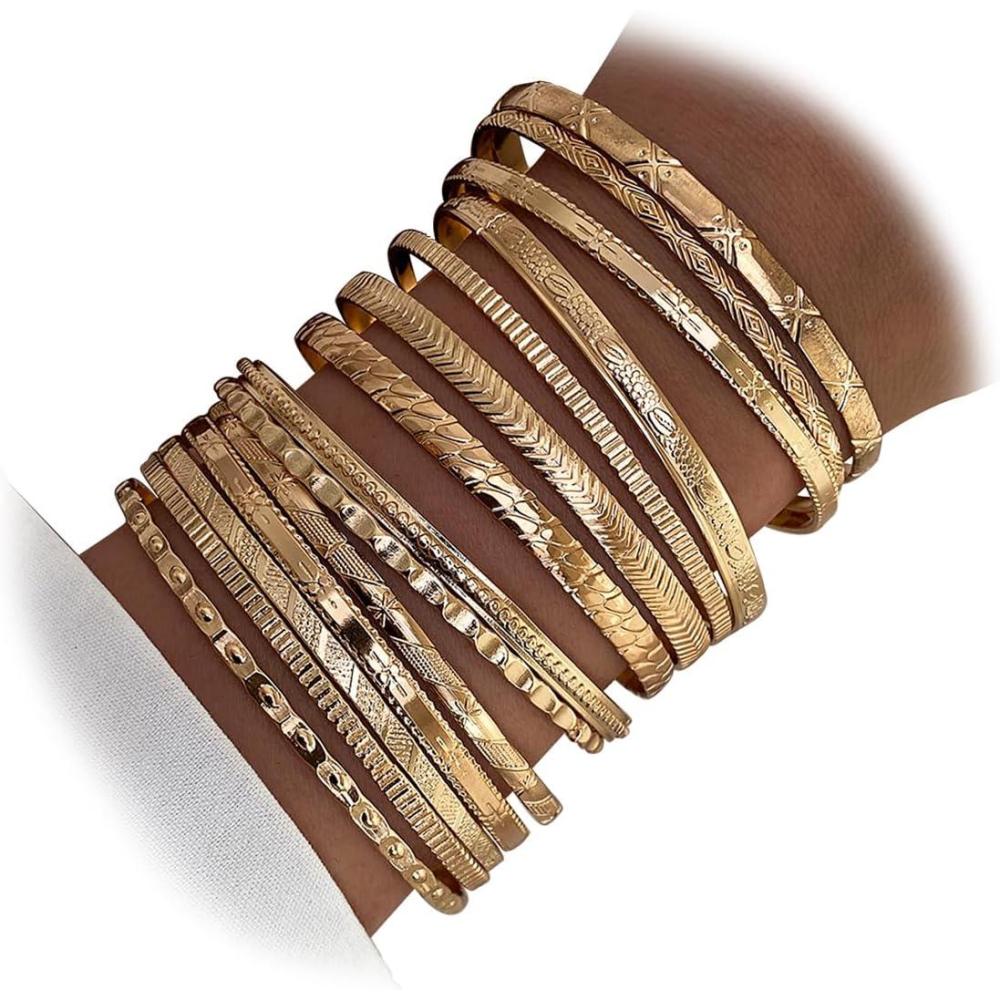 image17IF Gold Bangle Bracelet For Women 14k Multilayer Charm Textured Stackable Bracelets Boho Indian Chunky Cuff Fashion Jewelry Gift14PGO