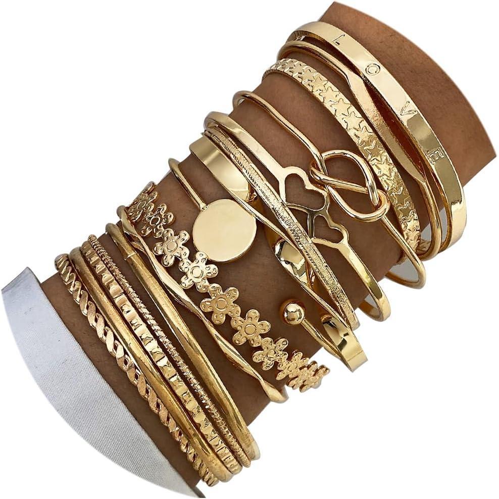 image17IF Gold Bangle Bracelet For Women 14k Multilayer Charm Textured Stackable Bracelets Boho Indian Chunky Cuff Fashion Jewelry Gift15PFlower