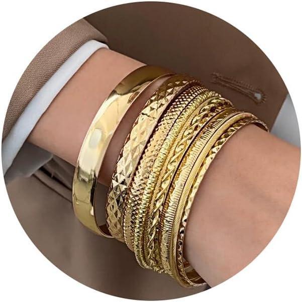 image17IF Gold Bangle Bracelet For Women 14k Plated Multi Layer Cuff Bracelets Set Trendy Boho Textured Indian Punk Chunky Cable Smooth Bangles Elegance Stack Minimalist Jewelry GiftChunky