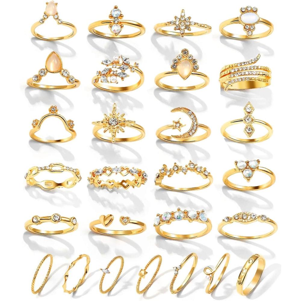 image17IF Gold Boho Sparkle Knuckle Rings Set For Women Vintage Fashion Aesthetic Trendy Joint Snake Ring Pack Retro Pink Rhinestone Assorted Moon Star Crystal Love Leaf Diamond Pearl Jewelry27 Moon