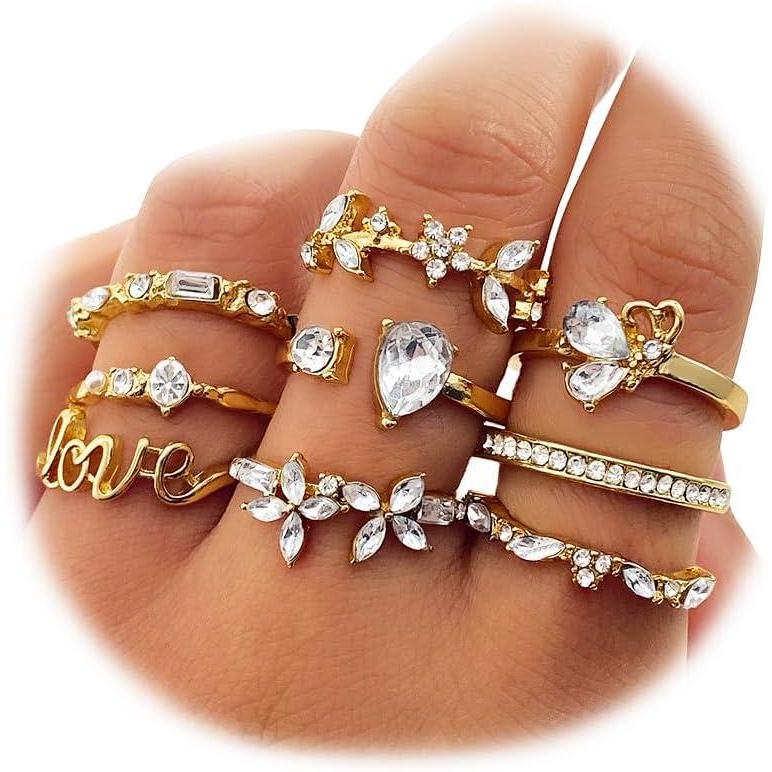 image17IF Gold Boho Sparkle Knuckle Rings Set For Women Vintage Fashion Aesthetic Trendy Joint Snake Ring Pack Retro Pink Rhinestone Assorted Moon Star Crystal Love Leaf Diamond Pearl Jewelry9 Love