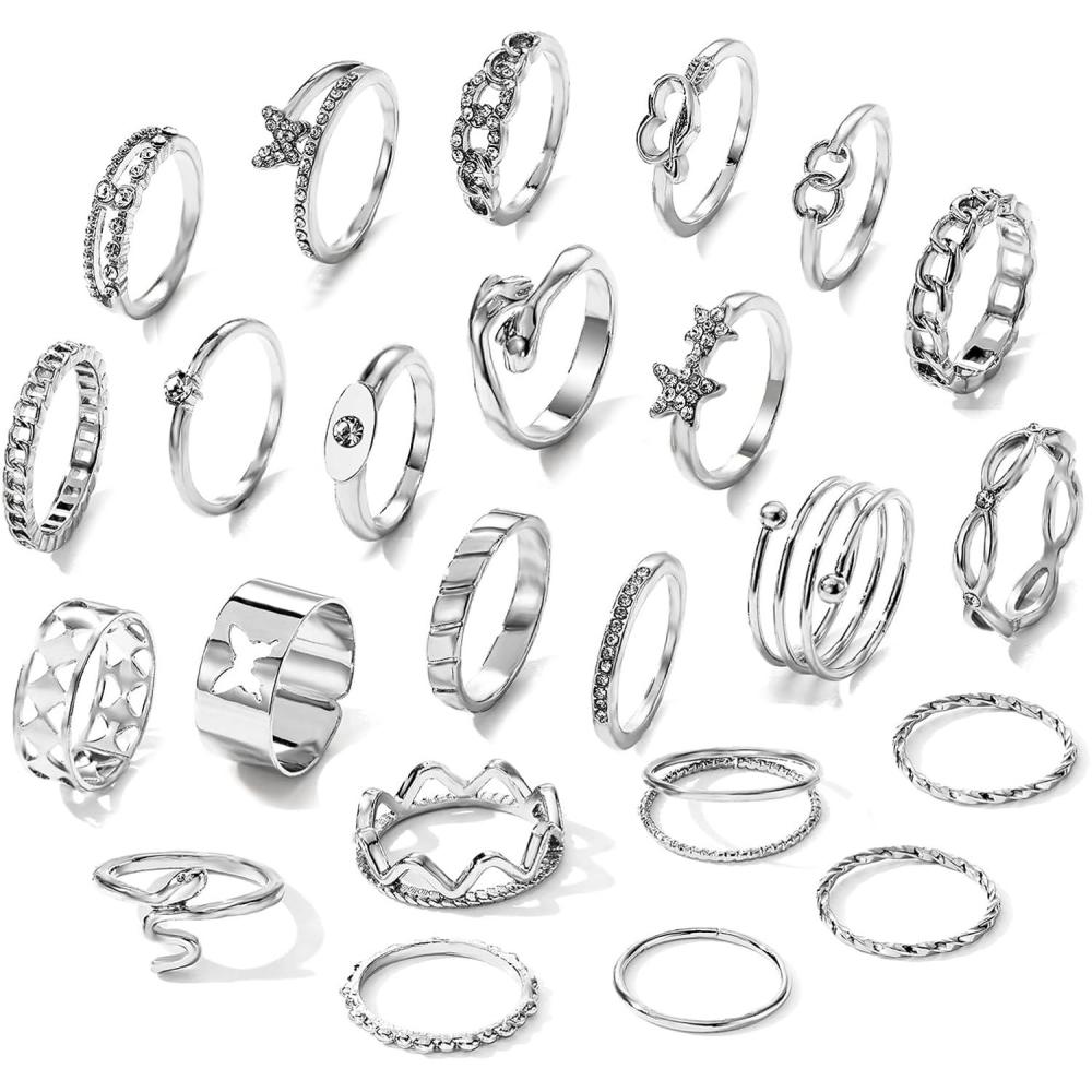 image17IF Gold Vintage Knuckle Ring Set for Women Boho Crystal Finger Aesthetic Pearl Sparkle Butterfly Chunky Stackable Midi Ring Pack24P SilverHug