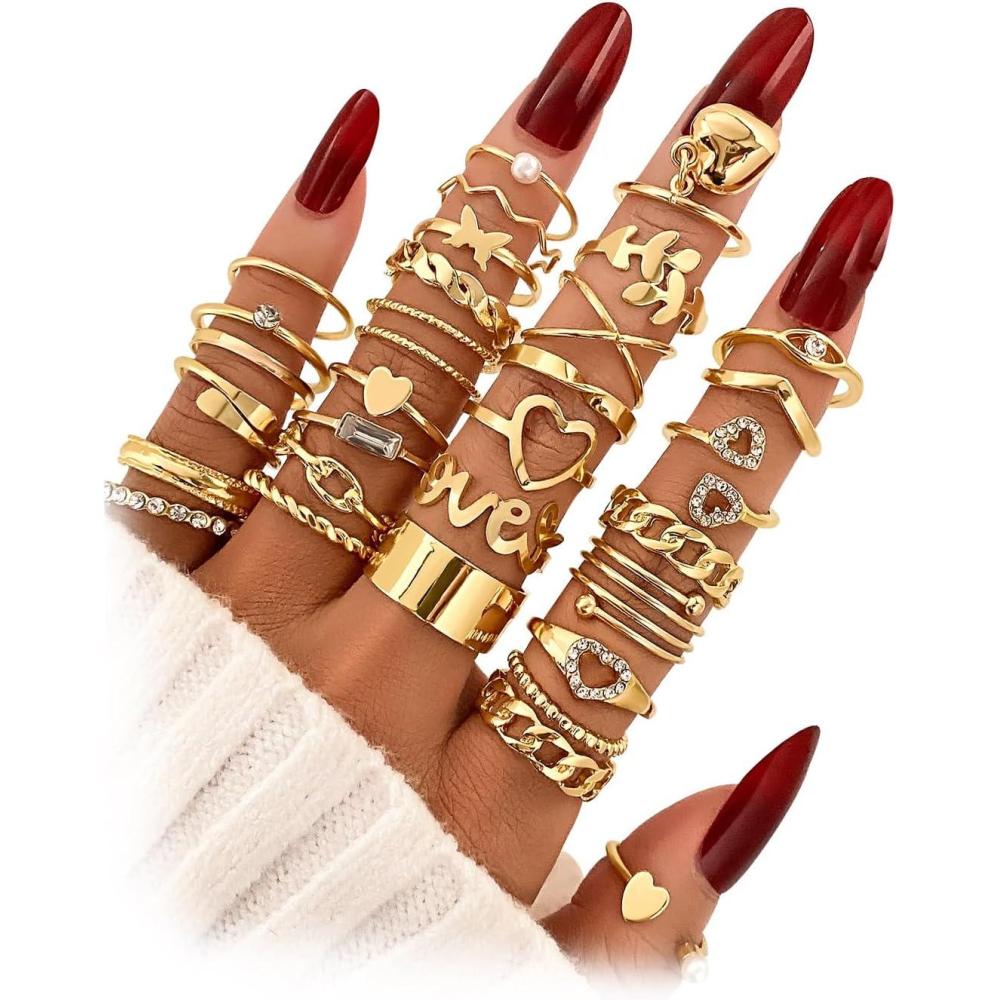 image17IF Gold Vintage Knuckle Ring Set for Women Boho Crystal Finger Aesthetic Pearl Sparkle Butterfly Chunky Stackable Midi Ring Pack30P BigHeart