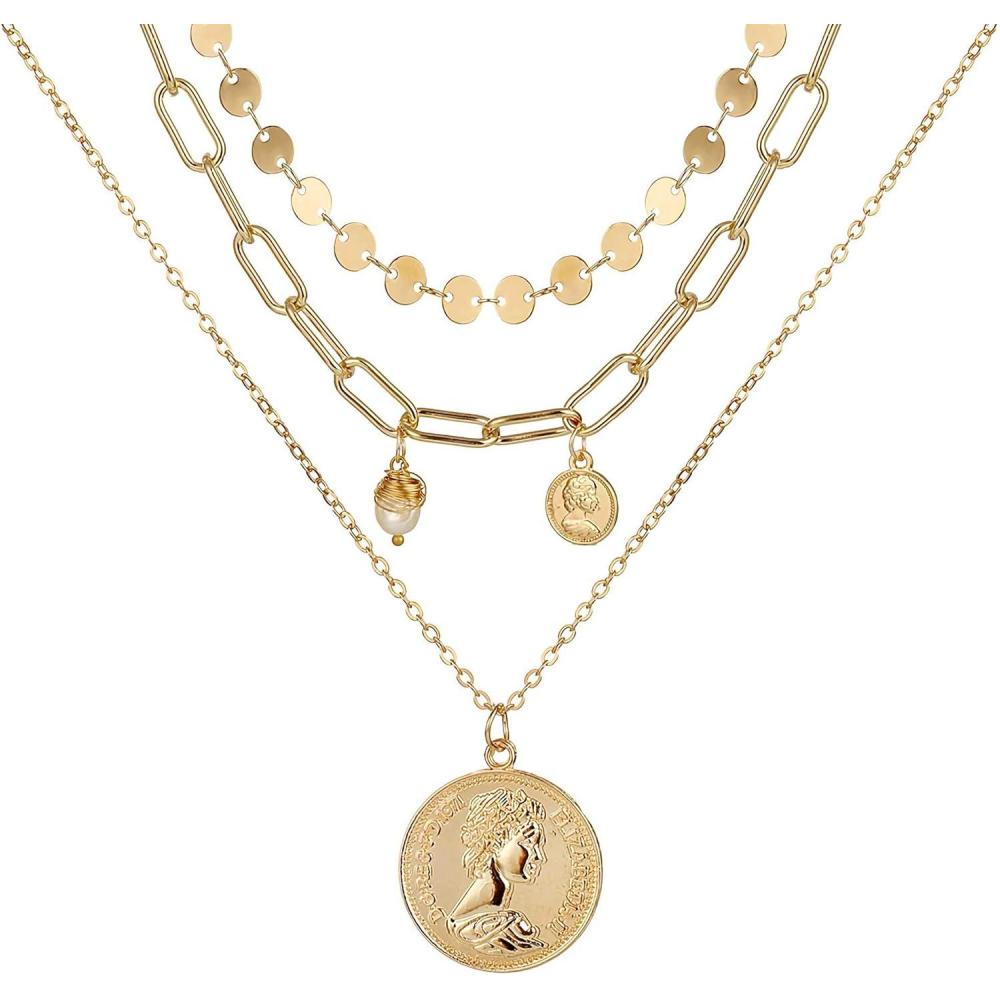 image17IF Layered Necklace Punk Chunky Gold Long Chain Pearl Necklace Angel Choker Pendant Necklace Butterfly Necklace for Women Man W3Mary