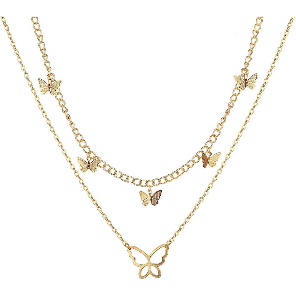 image17IF Multilayered Necklace Punk Chunky Gold Long Chain Lock Necklace Mary Cross Choker Pendant Butterfly Necklace Delicate Jewelry for Women Girls 326Butter