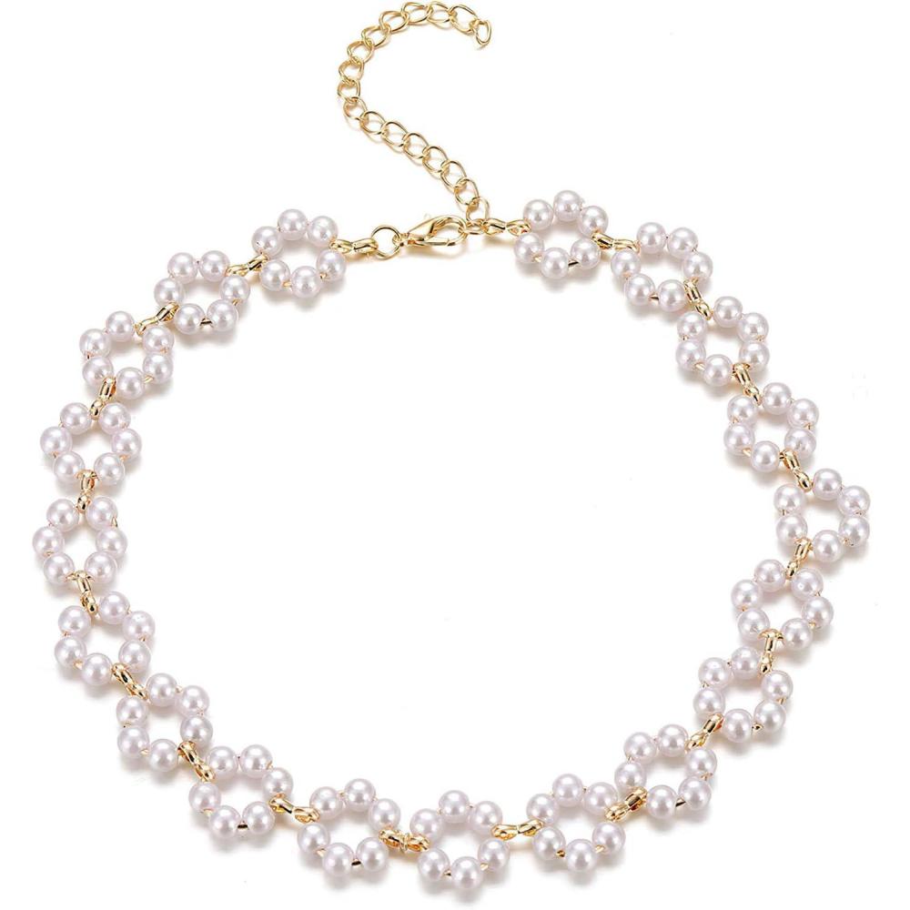 image17IF Pearl Necklace for Women Pretty Choker Chain for Girl 132inch and 2inch Adjustable Chain PGoldFlower