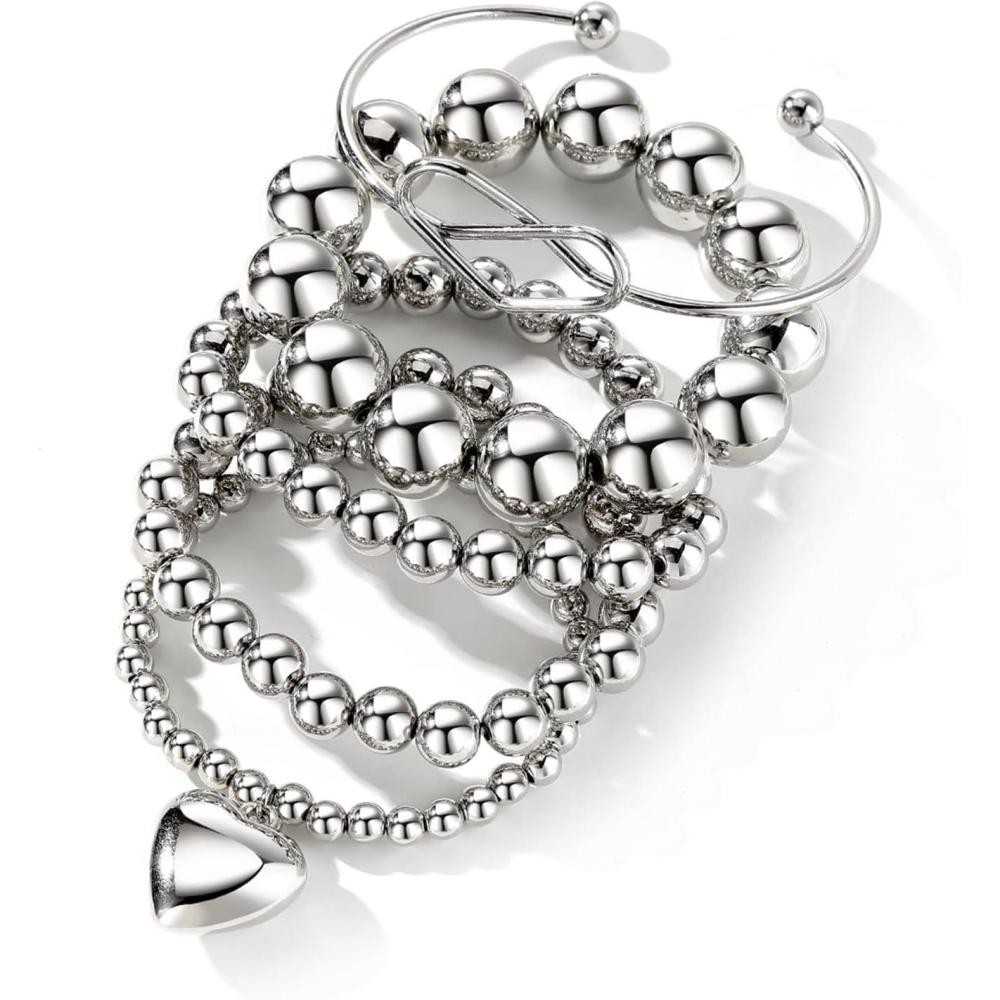 image17IF Silver Bangle Bracelet For Women 14k Plated Multi Layer Cuff Bracelets Set Trendy Boho Textured Indian Punk Chunky Cable Smooth Bangles Elegance Stack Minimalist Jewelry GiftBall