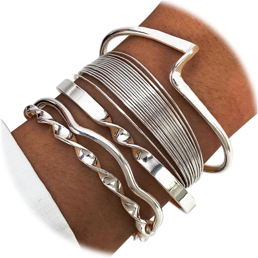 image17IF Silver Bangle Bracelet for Women 14k Multilayer Charm Textured Stackable Bracelets Lightning Bangles Indian Chunky Cuff Fashion Jewelry Gift5pcs Lightning