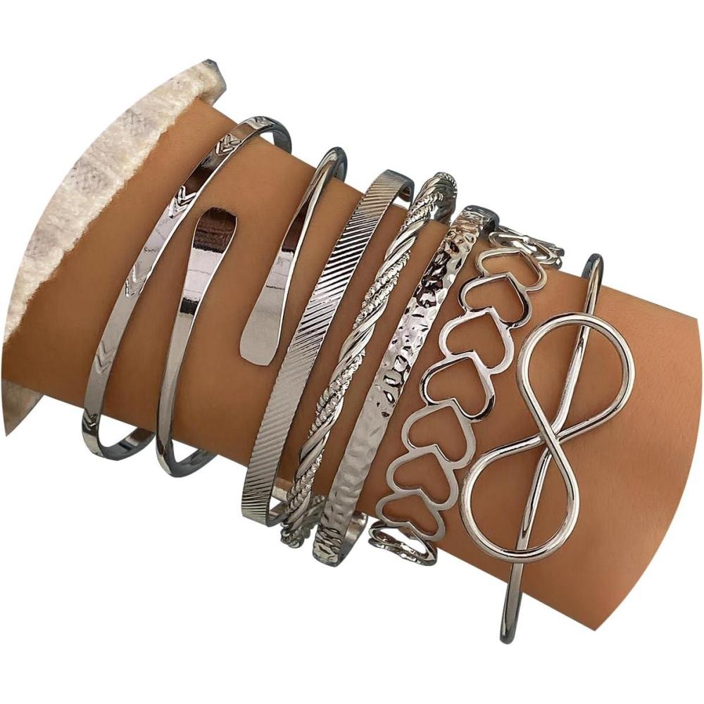 image17IF Silver Bangle Bracelet for Women 14k Multilayer Charm Textured Stackable Bracelets Lightning Bangles Indian Chunky Cuff Fashion Jewelry Gift7pcs Big Heart