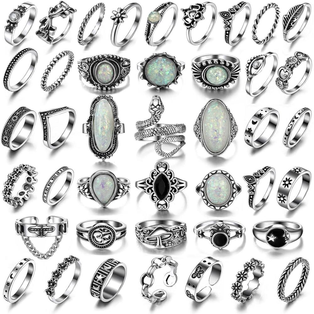 image17IF Vintage Silver Knuckle Rings Set for Women Men Chunky Rings Aesthetic Snake Grunge Stackable Gothic Ring Adjustable Y2K Punk Bulky Boho Finger Alt of Rings Stacking Fairy Skull Frog Heart Star Flower Midi Ring Pack42