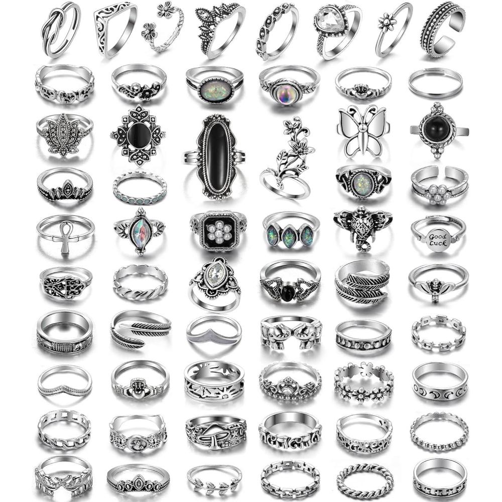 image17IF Vintage Silver Knuckle Rings Set for Women Men Chunky Rings Aesthetic Snake Grunge Stackable Gothic Ring Adjustable Y2K Punk Bulky Boho Finger Alt of Rings Stacking Fairy Skull Frog Heart Star Flower Midi Ring Pack60