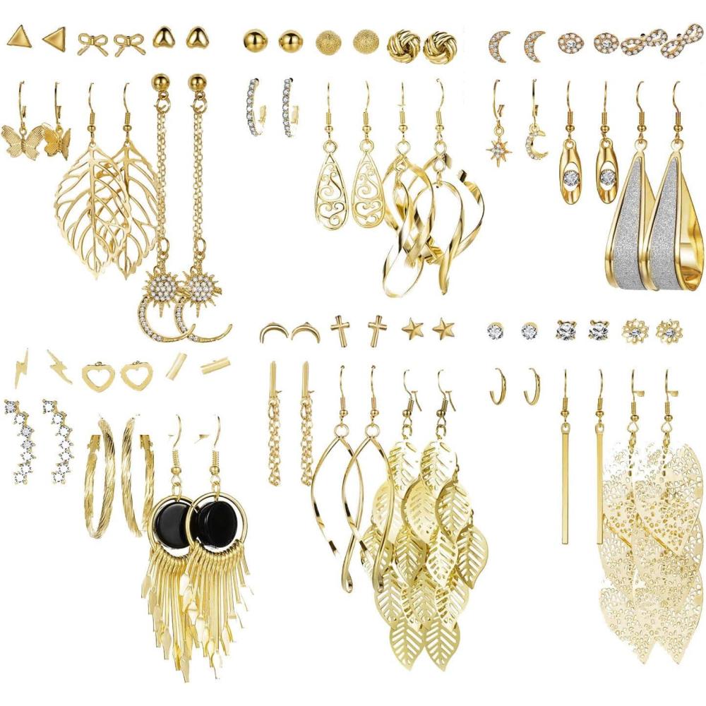image36 Pairs 17IF Earrings Packs for Women Trendy Boho Earrings Set Shiny Diamond Acrylic Long Leaf Hoop Drop Dangle Stud Earring Jewelry Set