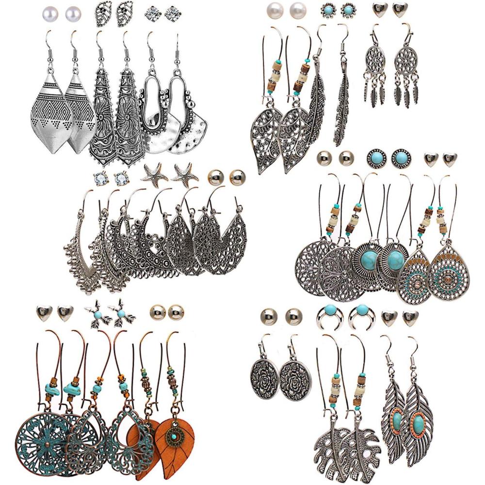 image36 pairs Boho Classic Vintage Drop Dangle Earrings Set for Women National Style Hollow Heart Shaped Alloy Studs Wood Leaf Handmade beading Eardrop