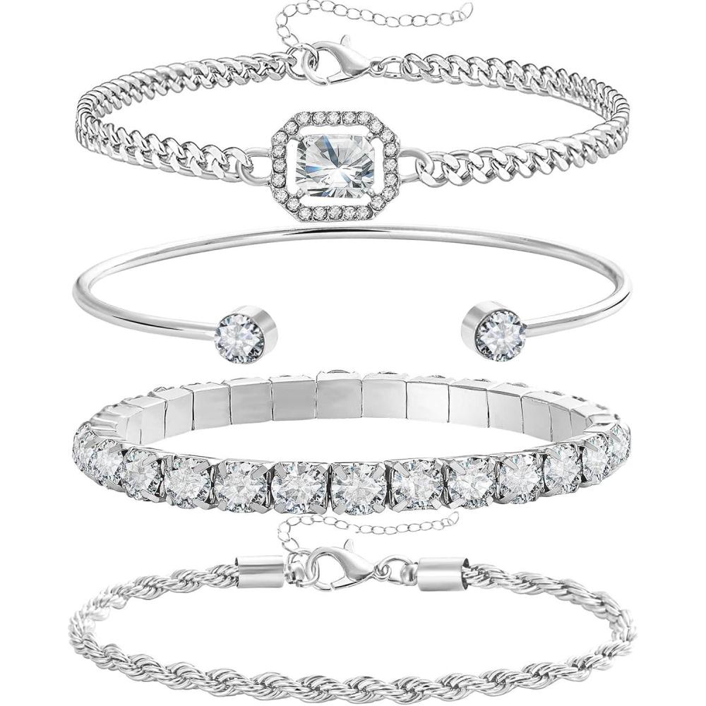 image4 Pcs Dainty Gold Silver Bracelets Set for Women 14K Plated Link Cubic Zirconia Paperclip Stake Layering Chain Adjustable Trendy Hand JewelrySilver