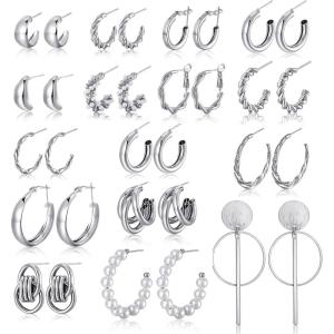 16-24 Pairs Gold Silver Black Earring Set for Women, Chunky Earring Multipack Punk Trendy Big Small Stud Hoop Earring Lightweight Twisted Pearl Ear Pack For Daily Birthday Party Gift(Silver-B)