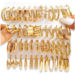 16-24 Pairs Gold Silver Black Earring Set for Women, Chunky Earring Multipack Punk Trendy Big Small Stud Hoop Earring Lightweight Twisted Pearl Ear Pack For Daily Birthday Party Gift(Golden)