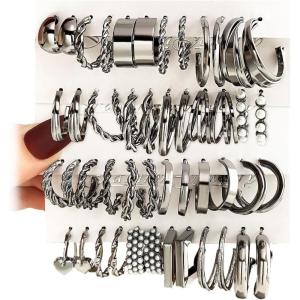 16-24 Pairs Gold Silver Black Earring Set for Women, Chunky Earring Multipack Punk Trendy Big Small Stud Hoop Earring Lightweight Twisted Pearl Ear Pack For Daily Birthday Party Gift(Silver Black)