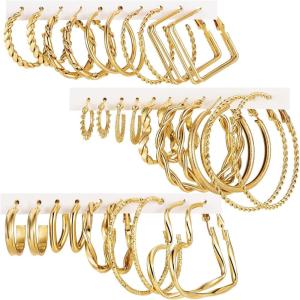 16-24 Pairs Gold Silver Black Earring Set for Women, Chunky Earring Multipack Punk Trendy Big Small Stud Hoop Earring Lightweight Twisted Pearl Ear Pack For Daily Birthday Party Gift(Golden-B)