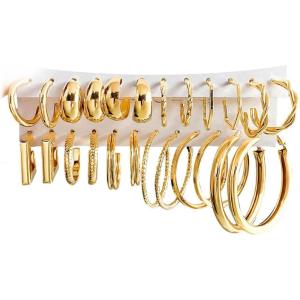 17IF 12 Pairs Golden Hoop Earring Set for Women Chunky Smooth Surface Trendy Small to Big Stud Earring Lightweight Twisted Pearl Ear Pack(AA)