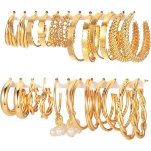 17IF 12 Pairs Golden Hoop Earring Set for Women Chunky Smooth Surface Trendy Small to Big Stud Earring Lightweight Twisted Pearl Ear Pack(B)