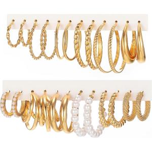 17IF 12 Pairs Golden Hoop Earring Set for Women Chunky Smooth Surface Trendy Small to Big Stud Earring Lightweight Twisted Pearl Ear Pack(C)