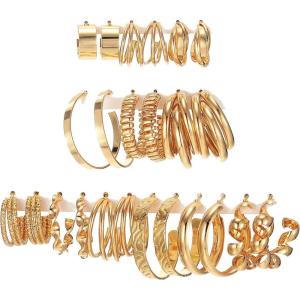 17IF 12 Pairs Golden Hoop Earring Set for Women Chunky Smooth Surface Trendy Small to Big Stud Earring Lightweight Twisted Pearl Ear Pack(D)