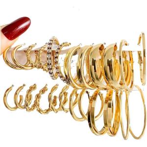 17IF 12 Pairs Golden Hoop Earring Set for Women Chunky Smooth Surface Trendy Small to Big Stud Earring Lightweight Twisted Pearl Ear Pack(E)