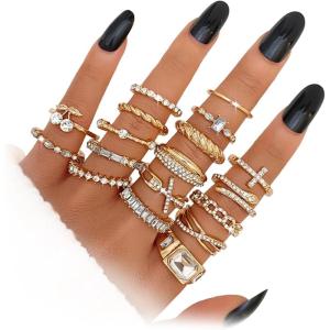 17IF 18 PCS Dainty 14K Gold Ring Set for Women Sparkle Chunky Quartet Diamoned Clean Aesthetic Cross Snake Cherry Classy Designs Plus Size for Stacking on Thumb Knuckle(Classic)