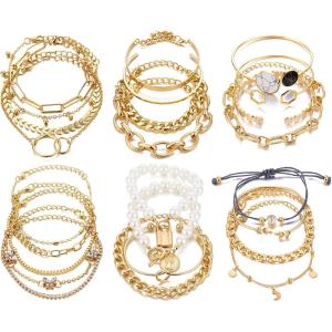 17IF 18-25 PCS(6 Pack) Boho Gold Bracelets Set for Women Stackable Chunky Dainty Bangles Adjustable Chain Flat Cuff Cuban Punk Charm Bundle Jewelry(Gold)