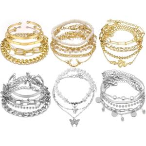 17IF 18-25 PCS(6 Pack) Boho Gold Bracelets Set for Women Stackable Chunky Dainty Bangles Adjustable Chain Flat Cuff Cuban Punk Charm Bundle Jewelry(Half)