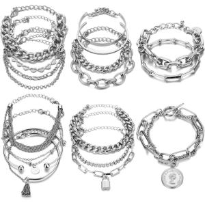 17IF 18-25 PCS(6 Pack) Boho Gold Bracelets Set for Women Stackable Chunky Dainty Bangles Adjustable Chain Flat Cuff Cuban Punk Charm Bundle Jewelry(Silver)