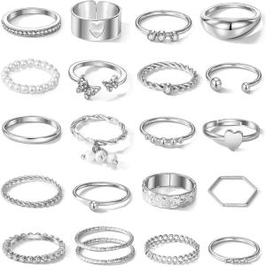 17IF 21 Pcs Gold Vintage Knuckle Rings Set, Boho Crystal Finger Ring Aesthetic Pearl Sparkle Butterfly Chunky Ring, Silver Heart Star Stackable Midi Ring Pack