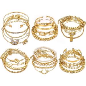 17IF 24-25 Pcs (6 Pack) 14K Gold Ankle Bracelets Set for Women Boho Stackable Bangles Cuff Charm Chunky Wrist Jewelry(GoldA)