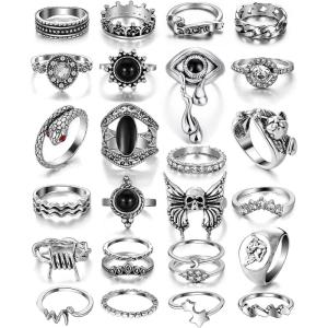 17IF 26-35 Pcs Vintage Silver Knuckle Rings Set for Women Men, Grunge Gothic Rings Chunky Aesthetic Snake Stackable Adjustable Punk Bulky Finger Alt Fairy Skull Frog Heart Star Flower Midi Ring Pack(26 Crying)