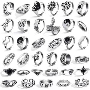 17IF 26-35 Pcs Vintage Silver Knuckle Rings Set for Women Men, Grunge Gothic Rings Chunky Aesthetic Snake Stackable Adjustable Punk Bulky Finger Alt Fairy Skull Frog Heart Star Flower Midi Ring Pack(Bohemian  Vintage  Antique)