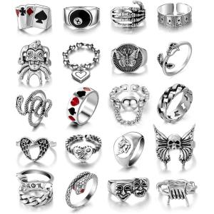 17IF 26-35 Pcs Vintage Silver Knuckle Rings Set for Women Men, Grunge Gothic Rings Chunky Aesthetic Snake Stackable Adjustable Punk Bulky Finger Alt Fairy Skull Frog Heart Star Flower Midi Ring Pack(21 Red Clown)