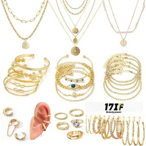 17IF 38-59 Pcs(9-8 Pack) Gold Plated Jewelry Set for Women With 8 Necklace 12 Bracelet 27 Ring 12 Pair Earring Hoop Simple Sparkle for Happy(38P CrystalEarCuff)
