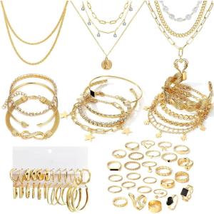 17IF 38-59 Pcs(9-8 Pack) Gold Plated Jewelry Set for Women With 8 Necklace 12 Bracelet 27 Ring 12 Pair Earring Hoop Simple Sparkle for Happy(59P BlackHeart)